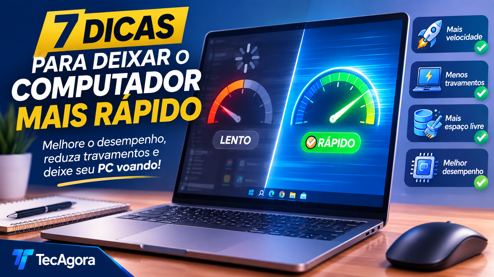 Notebook com indicador de velocidade mostrando dicas para deixar o computador mais rápido